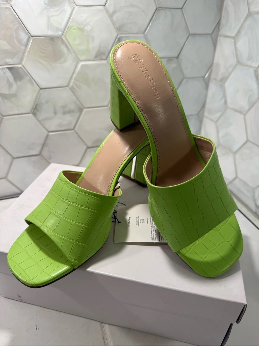 The Drop Woman’s Pattie Lime Green Sandal Sz 9.5 Crocodile Print NEW Block Heel
